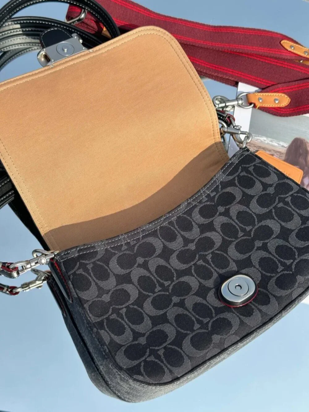 🖤Coach Dark Denim Tabby Handbag Red Strap Multi Wear Crossbody Shoulder Bag